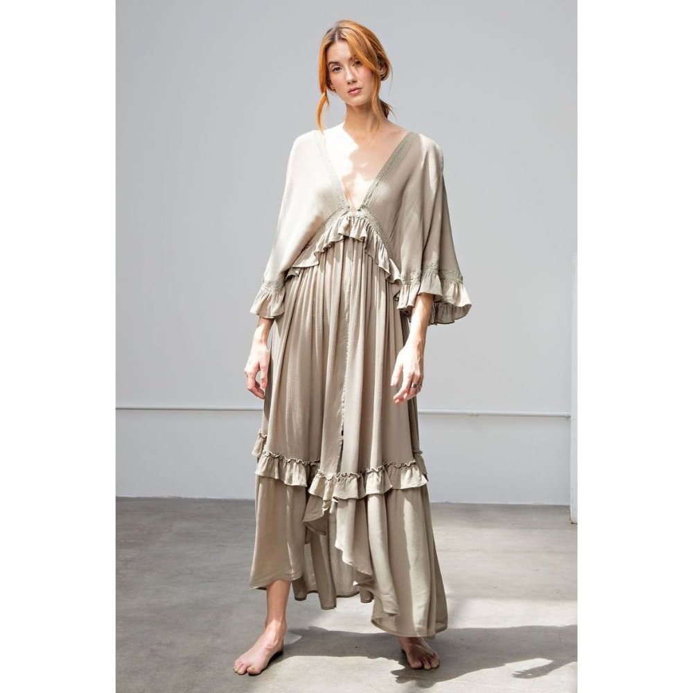 Easel Faded Olive Button Down Wing Sleeve Rayon Gauze Ruffled Edges Maxi Dress